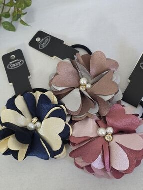 Set Of Three Shimmer Flower Hair Ties Pearls Rhinestone